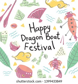 Handdrawn lettering: happy dragon boat festival quote. Funky design - rice dumplings, bamboo, chopsticks, koi fish, leaves, drum, waves, clouds, fan. Chinese holiday illustration. Scandinavian style