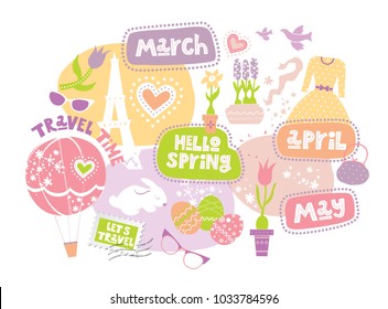 Hand-drawn lettering and illustration, April, March, May, Travel time, Lets travel lettering, spring flowers in pots, Easter eggs, balloon, sunglasses, heart, bird, Easter Bunny.