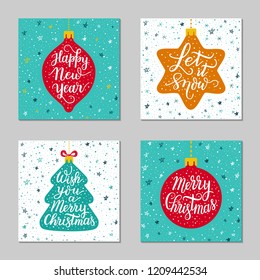 Hand-drawn lettering inscription Happy New Year,Let it snow,Wish you a merry Christmas.Cartoon fur-tree, star,ball toy snowflake background.Greeting gift card design set.EPS 10 vector illustration 