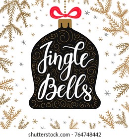 Hand-drawn lettering inscription Jingle bells inside the cartoon style christmas toy with red bow and doodle gold fir tree branch on the snowflake background. EPS 10 vector illustration 
