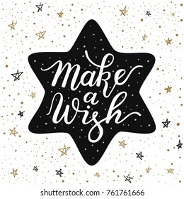 Hand-drawn lettering inscription Make a wish on the cartoon style christmas star and doodle black and gold snow background. EPS 10 vector illustration 
