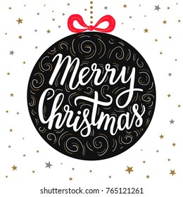 Hand-drawn lettering inscription Merry Christmas inside the cartoon style ball with red bow and doodle silver gold falling star background. EPS 10 vector illustration 