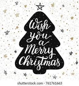 Hand-drawn lettering inscription Wish you a merry Christmas on the cartoon style fur tree and doodle black and gold star snow background. EPS 10 vector illustration 