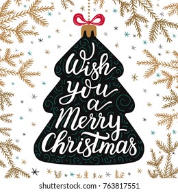 Hand-drawn lettering inscription Wish you a merry Christmas on the cartoon style fur-tree with doodle black gold branch and snowflake background. EPS 10 vector illustration 