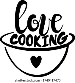 Hand-drawn lettering Love cooking black text on a white background with the image of a plate with a heart for a poster on the wall of the kitchen, grocery store, cafe, signboard, sticker. Vector.