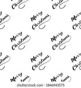 Handdrawn lettering merry Christmas seamless pattern. Black font on a white background. Vector illustration.