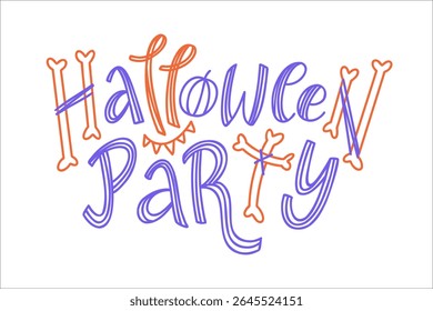 Letra desenhada à mão 'Halloween Party' isolada sobre fundo branco. Ilustração de texto de rabiscar vetor para faixa, convite, cartaz. Tipografia manuscrita para design publicitário de estação assustadora.