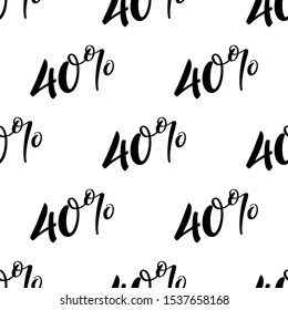 Handdrawn lettering seamless pattern, sale background with 40% on the white. Seasonal handwritten design for black friday offer banner, vector illustration.