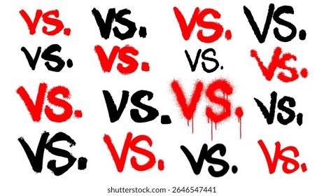 Hand-drawn lettering set featuring the word "VS" in 16 unique styles including graffiti tags and brush strokes. Rendered in black and red on transparent background, perfect for urban vector designs.