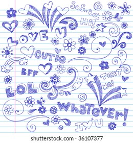 Hand-Drawn Lettering And Sketchy Doodles On Lined Notebook Paper Vector