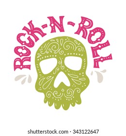 Handdrawn lettering with skull and rock-n-roll sign. Vector typography. Design of a t-shirt, bag or other apparel. Illustration for rock concert.