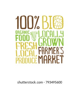 Handdrawn lettering square composition, vector illustration. Isolated element for posters,print, package, banners, flayers, farmer`s markets, badges. 100% organic food, bio, farmer`s market etc.