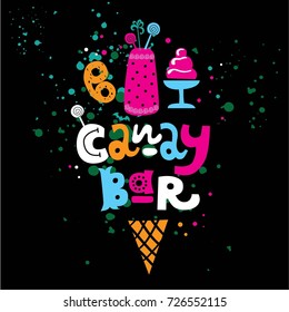 Hand-drawn Lettering text Candy bar with sweets, cake and waffle cone. Vector flat logo for candy shop and sweet store. Good for children print template. Candy bar logo. Lollipop sign