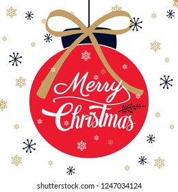 Hand-drawn lettering text inscription Marry Christmas inside the cartoon style red christmas toy with bow  on the snowflake wintery background.