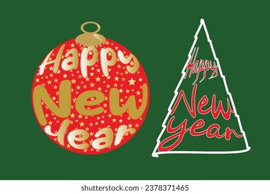 Hand-drawn lettering text inscription Marry Christmas Happy new year red christmas toy gold stars Stylized Christmas tree Holiday concept typography design Winter template Perfect card Xmas invitation
