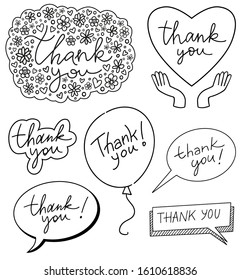 Hand-drawn lettering Thank you with outline doodle elements. Vector typography set for greeting cards, web banner, or print. Heart in hands, bubble phrase isolated on white background. 