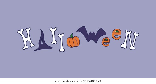 Hand-drawn lettering with traditional Halloween symbols like bone, witch hat, pumpkin, bat, evil eyes and rotten teeth. Isolated colorful funny text on purple background for banner, invitation card