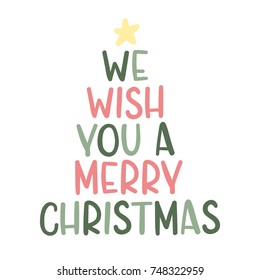 Hand-drawn lettering We Wish You A Marry Christmas. Xmas and Happy New Year concept. Modern elegance template. Festive vector background easy to use for stickers, cards, banners, prints, ad placards.