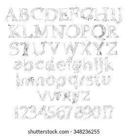 hand-drawn letters of the alphabet and numbers on a white background