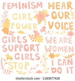 Hand-drawn letters, phrases set about feminism, flowers and plants, colorful illustration
