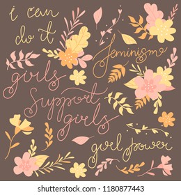 Hand-drawn letters, phrases set about feminism on the dark background, flowers and plants, colorful illustration