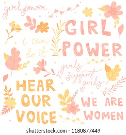 Hand-drawn letters, phrases set about feminism, flowers and plants, colorful illustration