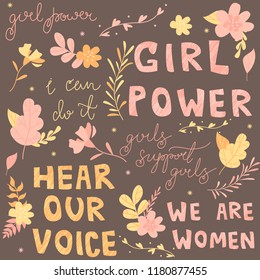 Hand-drawn letters, phrases set about feminism on the dark background, flowers and plants, colorful illustration