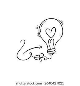 Hand-drawn light bulb design featuring a heart symbol, representing creativity and inspiration