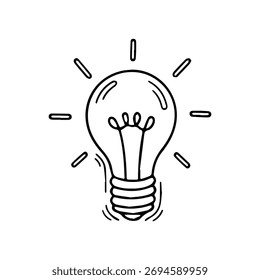 Ilustración de idea de bombilla dibujada a mano en estilo de arte de línea Doodle para creatividad, innovación, pensamiento inteligente, lluvia de ideas y diseño de conceptos