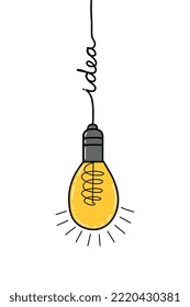 A hand-drawn light bulb with an idea, a symbol of an idea, a simple doodle sketch style. Fashionable flat vector illustration.