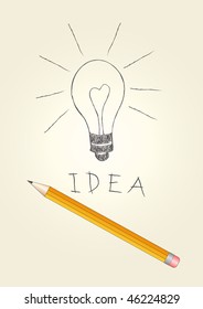 Hand-drawn light bulb and pencil, vector illustration