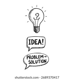 Una bombilla dibujada a mano y las burbujas del habla están aisladas sobre un fondo blanco. Estos gráficos de Vector son perfectos para ideas, soluciones y comunicación.