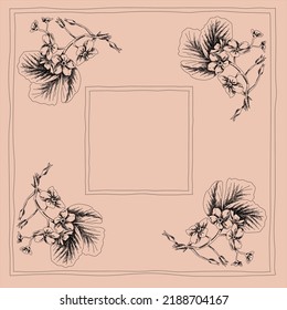 Hand-drawn with light strokes summer flowers on a delicate background, framed with thin lines. For silk scarves, textiles, etc.