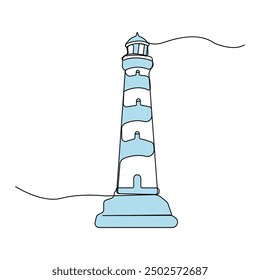 Handgezeichnete Leuchtturm einzeilige Kunstzeichnung. Tower kontinuierliche Umrisse im Doodle-Stil.	