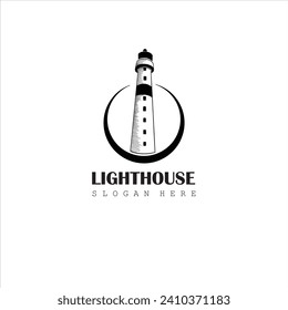 Handdrawn Lighthouse vintage labels, lighthouse and ocean waves retro nautical logo