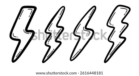 Hand-drawn lightning bolt icon set in doodle style. perfect for use in graphic design, stickers, web elements, and illustrations. Sketch style electric symbols with a fun and creative look.