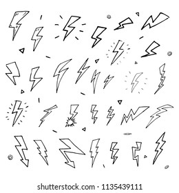 Handdrawn lightning set doodle icon. Hand drawn black sketch. Sign cartoon symbol. Decoration element. White background. Isolated. Flat design. Vector illustration.