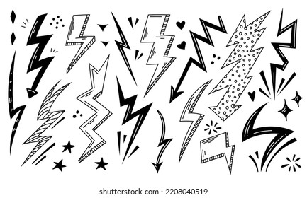 Handdrawn lightning set doodle icon. Hand drawn black sketch. Flash sign cartoon symbol. Decoration element. Vector Isolated illustration on white background.