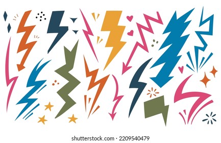 Handdrawn lightning set doodle icon. Hand drawn colorful set. Flash sign cartoon symbol. Decoration element. Vector Isolated illustration on white background.