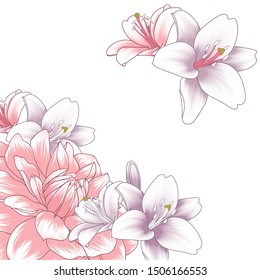 Hand-drawn lily and dahlia  flower with abstract leaves .Vector abstract floral template for creating wedding invitation cards, birthday greetings, March 8.
