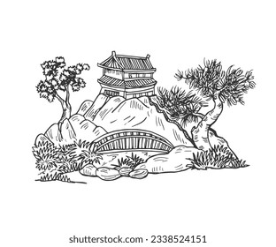 Hand-drawn line art of an Asian traditional house on top of a big rock, with trees and a bridge.