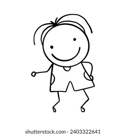 Hand-Drawn Line Art Cartoon of Happy Kids. Children Illustration.