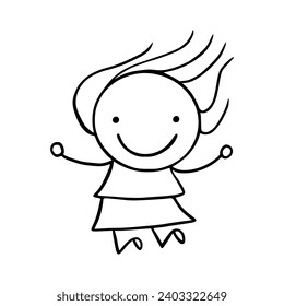 Hand-Drawn Line Art Cartoon of Happy Kids. Children Illustration.