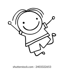 Hand-Drawn Line Art Cartoon of Happy Kids. Children Illustration.