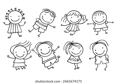 Hand-Drawn Line Art Cartoon of Happy Kids. Children Illustration. Children Doodle Illustrations