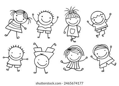 Hand-Drawn Line Art Cartoon of Happy Kids. Children Illustration. Children Doodle Illustrations