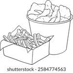 Hand-drawn line art collection of fast food items including hamburger, french fries, soft drinks, chicken pieces, donuts, and wraps. Black and white outline illustrations.