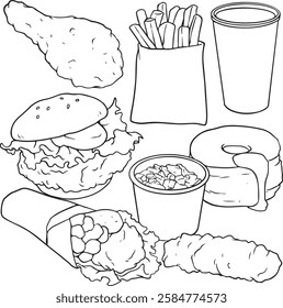 Hand-drawn line art collection of fast food items including hamburger, french fries, soft drinks, chicken pieces, donuts, and wraps. Black and white outline illustrations.