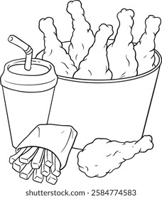 Hand-drawn line art collection of fast food items including hamburger, french fries, soft drinks, chicken pieces, donuts, and wraps. Black and white outline illustrations.