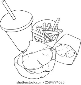 Hand-drawn line art collection of fast food items including hamburger, french fries, soft drinks, chicken pieces, donuts, and wraps. Black and white outline illustrations.